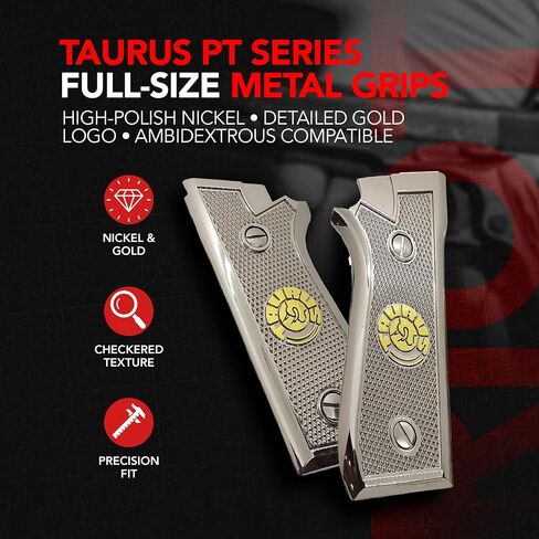 Metal Grip Panels Compatible with Taurus PT-92, PT-99, PT-100 & PT-101 – Nickel and Gold Plated Finish with Checkered Texture Design – Full Size Frame Fit – Mounting Screws Included in Saudi Arabia