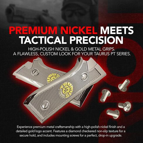 Metal Grip Panels Compatible with Taurus PT-92, PT-99, PT-100 & PT-101 – Nickel and Gold Plated Finish with Checkered Texture Design – Full Size Frame Fit – Mounting Screws Included in Saudi Arabia