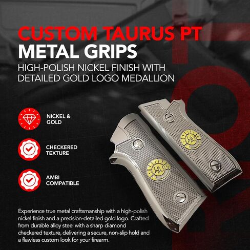 Metal Grip Panels Compatible with Taurus PT-92, PT-99, PT-100 & PT-101 – Nickel and Gold Plated Finish with Checkered Texture Design – Full Size Frame Fit – Mounting Screws Included in Saudi Arabia