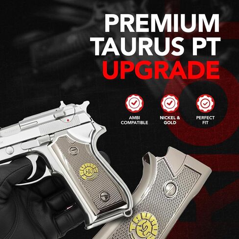 Metal Grip Panels Compatible with Taurus PT-92, PT-99, PT-100 & PT-101 – Nickel and Gold Plated Finish with Checkered Texture Design – Full Size Frame Fit – Mounting Screws Included in Saudi Arabia