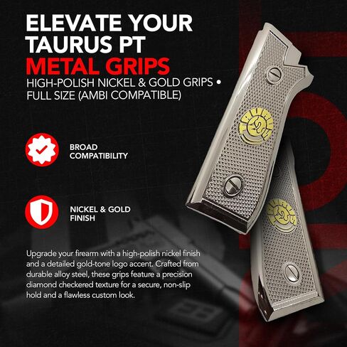 Metal Grip Panels Compatible with Taurus PT-92, PT-99, PT-100 & PT-101 – Nickel and Gold Plated Finish with Checkered Texture Design – Full Size Frame Fit – Mounting Screws Included in Saudi Arabia