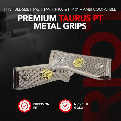 Metal Grip Panels Compatible with Taurus PT-92, PT-99, PT-100 & PT-101 – Nickel and Gold Plated Finish with Checkered Texture Design – Full Size Frame Fit – Mounting Screws Included in Saudi Arabia