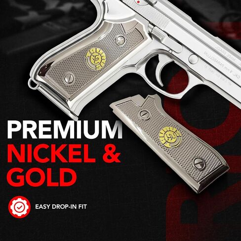Metal Grip Panels Compatible with Taurus PT-92, PT-99, PT-100 & PT-101 – Nickel and Gold Plated Finish with Checkered Texture Design – Full Size Frame Fit – Mounting Screws Included in Saudi Arabia