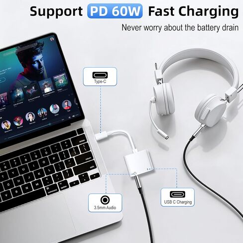 محول سماعة رأس وشاحن USB C إلى 3.5 ملم 2 حزمة من النوع C إلى Aux Jack Dongle سلك مع PD شحن سريع لهاتف iPhone 15/16/17 Pro/Max/Plus وiPad وSamsung Galaxy in Kuwait