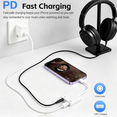 محول سماعة رأس وشاحن USB C إلى 3.5 ملم 2 حزمة من النوع C إلى Aux Jack Dongle سلك مع PD شحن سريع لهاتف iPhone 15/16/17 Pro/Max/Plus وiPad وSamsung Galaxy in Kuwait