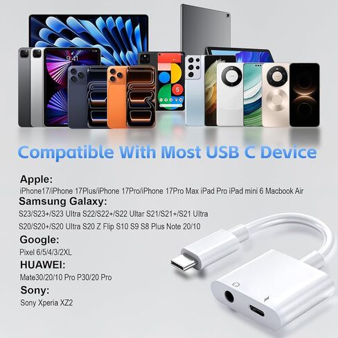 محول سماعة رأس وشاحن USB C إلى 3.5 ملم 2 حزمة من النوع C إلى Aux Jack Dongle سلك مع PD شحن سريع لهاتف iPhone 15/16/17 Pro/Max/Plus وiPad وSamsung Galaxy in Kuwait