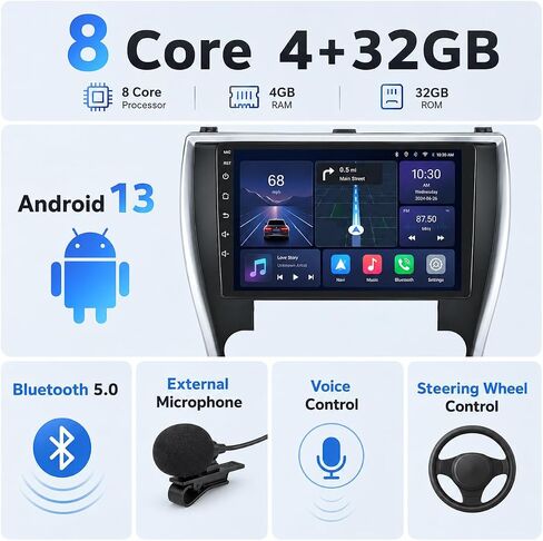 راديو سيارة 8 Core لسيارة Toyota Camry Radio 2015 2016 2017: Android 13 Stereo CarPlay/Android Auto 10 بوصة 1280 * 800 IPS شاشة لمس GPS 5GWiFi Bluetooth5.0 FM 36EQ SWC كاميرا احتياطية سبليتسكرين in Kuwait
