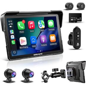 2026 Weuaste 7" Wireless Motorcycle CarPlay with Android Auto/iOS, GPS Navigation, HD Touch Screen, Dual 2K Dash Cam, Bluetooth, IP69K Waterproof, TPMS, G-Sensor, Loop Recording, 128GB SD Card in Saudi Arabia