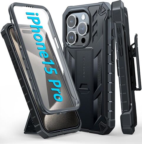 FNTCASE for iPhone 15 Pro Case, Built-in Screen Protector, Kickstand Black in Saudi Arabia