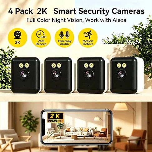 4-Pack Indoor WiFi Security Camera,1440P Quad HD Full-Color Night Vision,AI Human Detection with Alarm,Two-Way Audio,Built-in AP Hotspot for Easy Setup,Compatible withAlexa,Smart App Control in Kuwait