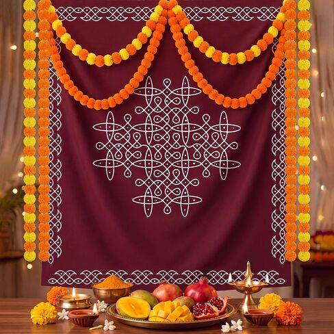 6.5x5.6 ft Indian Pooja Decor Kolam Backdrop, 4 Pcs Marigold Garland, Red in Saudi Arabia