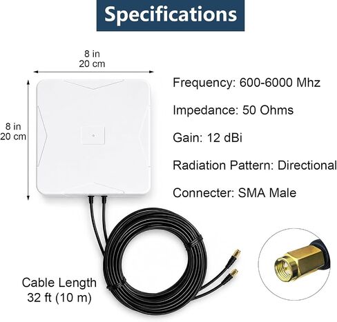 مجموعة هوائي خارجي 5G 4G LTE MIMO 2x2 لنقاط اتصال 5G 4G LTE وأجهزة التوجيه T-Mobile، 600-6000 ميجا هرتز 12dBi هوائي اتجاهي خارجي عالي الكسب مع كابل 32 قدمًا SMA TS9 دعامة قطب in Kuwait