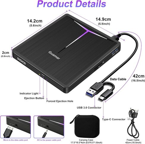 Guamar External DVD Drive for Laptop Mac Slim USB C CD Burner in Kuwait