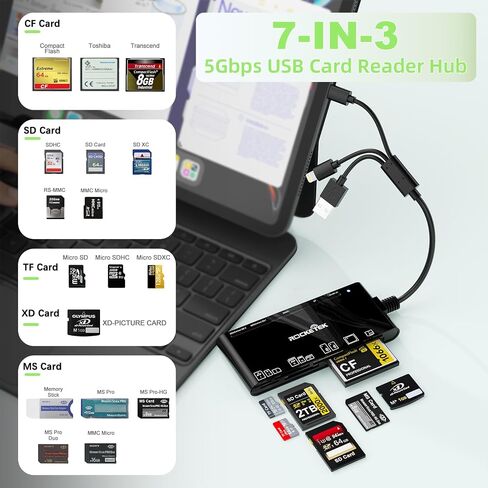 7-in-1 USB-A+USB-C+Lightning Memory Card Adapter for MS/XD/CF/SD，USB3.0 Multi Card Adapter for Windows, Mac, iOS, Android，Plug and Play Read/Write 5Gbps for iPhone/iPad/MacBook/Samsung/PC in Kuwait