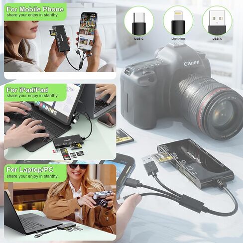 7-in-1 USB-A+USB-C+Lightning Memory Card Adapter for MS/XD/CF/SD，USB3.0 Multi Card Adapter for Windows, Mac, iOS, Android，Plug and Play Read/Write 5Gbps for iPhone/iPad/MacBook/Samsung/PC in Kuwait