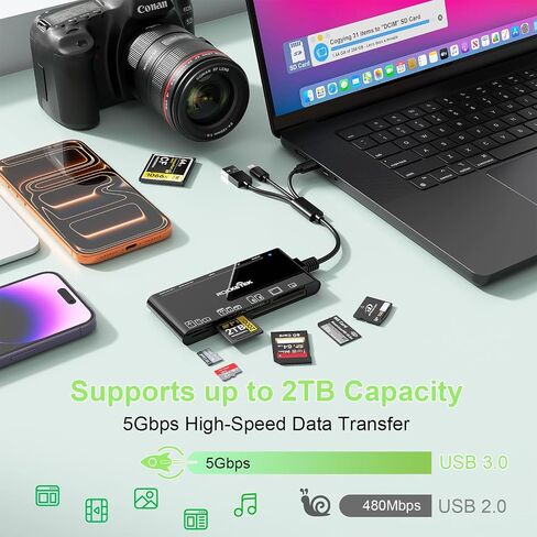7-in-1 USB-A+USB-C+Lightning Memory Card Adapter for MS/XD/CF/SD，USB3.0 Multi Card Adapter for Windows, Mac, iOS, Android，Plug and Play Read/Write 5Gbps for iPhone/iPad/MacBook/Samsung/PC in Kuwait