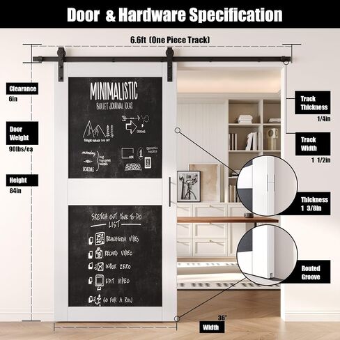 White 40 in. x 84 in. Finished Solid Wood Frame Sliding Barn Door with Chalkboard Panel, Unassembled Door with 7ft Non-Bypass Sliding Hardware Kit, Blackboard Door (Interior Use Only) in Kuwait