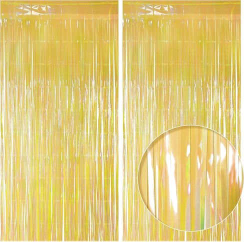 2 Pack Yellow Iridescent Streamers Backdrop, 3.3x6.6ft Foil Fringe Curtains Gold Holographic Door Tinsel Streamers for Birthday, Wedding, Holiday, Bachelorette, Theme Party Decorations in Saudi Arabia