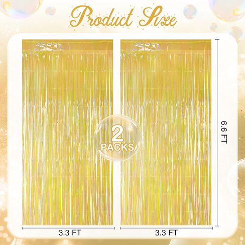 2 Pack Yellow Iridescent Streamers Backdrop, 3.3x6.6ft Foil Fringe Curtains Gold Holographic Door Tinsel Streamers for Birthday, Wedding, Holiday, Bachelorette, Theme Party Decorations in Saudi Arabia