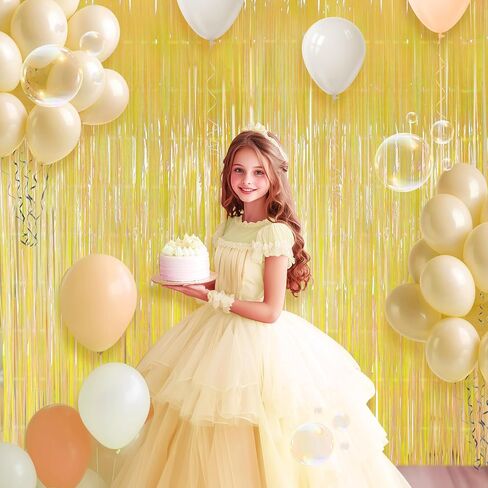 2 Pack Yellow Iridescent Streamers Backdrop, 3.3x6.6ft Foil Fringe Curtains Gold Holographic Door Tinsel Streamers for Birthday, Wedding, Holiday, Bachelorette, Theme Party Decorations in Saudi Arabia