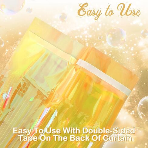 2 Pack Yellow Iridescent Streamers Backdrop, 3.3x6.6ft Foil Fringe Curtains Gold Holographic Door Tinsel Streamers for Birthday, Wedding, Holiday, Bachelorette, Theme Party Decorations in Saudi Arabia