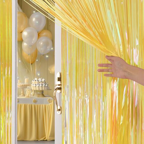 2 Pack Yellow Iridescent Streamers Backdrop, 3.3x6.6ft Foil Fringe Curtains Gold Holographic Door Tinsel Streamers for Birthday, Wedding, Holiday, Bachelorette, Theme Party Decorations in Saudi Arabia