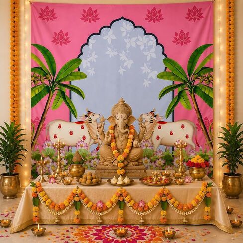 TIED RIBBONS Ganesh Chaturthi Backdrop Cloth 4x5 Ft | Pooja Wall Banner for Ganesh Chaturthi Decoration, Mandir Background | Reusable Diwali Festive Photo Backdrop for Home, Navratri, Wall Decor in Saudi Arabia