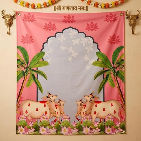 TIED RIBBONS Ganesh Chaturthi Backdrop Cloth 4x5 Ft | Pooja Wall Banner for Ganesh Chaturthi Decoration, Mandir Background | Reusable Diwali Festive Photo Backdrop for Home, Navratri, Wall Decor in Saudi Arabia