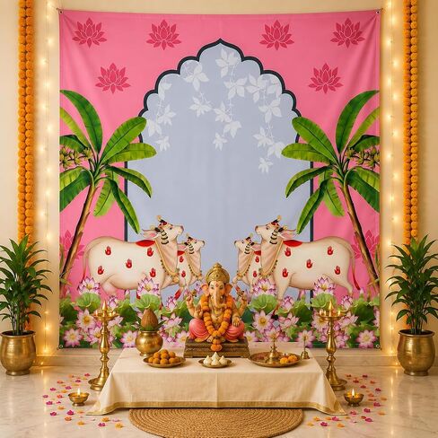 TIED RIBBONS Ganesh Chaturthi Backdrop Cloth 4x5 Ft | Pooja Wall Banner for Ganesh Chaturthi Decoration, Mandir Background | Reusable Diwali Festive Photo Backdrop for Home, Navratri, Wall Decor in Saudi Arabia