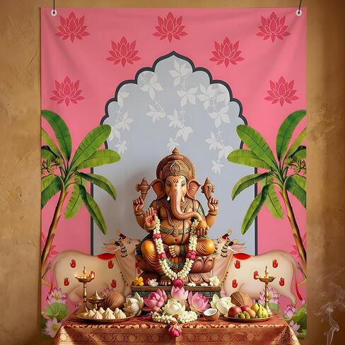 TIED RIBBONS Ganesh Chaturthi Backdrop Cloth 4x5 Ft | Pooja Wall Banner for Ganesh Chaturthi Decoration, Mandir Background | Reusable Diwali Festive Photo Backdrop for Home, Navratri, Wall Decor in Saudi Arabia