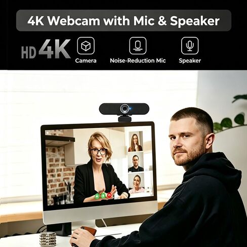3-in-1 4K Webcam with AI Auto Tracking, Built-in Noise Reduction Mic & Powerful Camera Speaker, 90° FOV, 1/2.7" CMOS Sensor, Privacy Lens Cover, USB, Type, for Meeting Live Streaming in Saudi Arabia