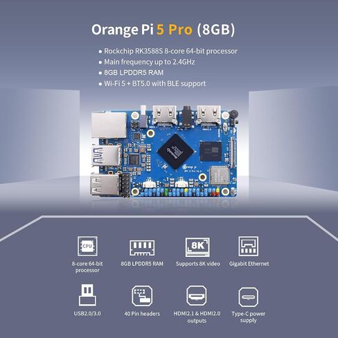Orange Pi 5 Pro 4GB/8GB/16GB LPDDR5 Rockchip RK3588S 8-Core 64-Bit Single Board Computer with eMMC Socket, WiFi 5/Bluetooth 5.0, Development Board Run Ubuntu/Debian/Android (8GB+Power Supply) in Saudi Arabia