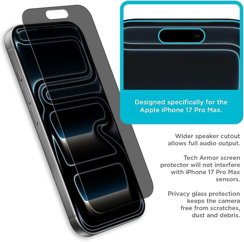 واقي شاشة زجاجي للخصوصية من Tech Armor لهاتف iPhone 17 Pro Max، عبوة واحدة in Saudi Arabia