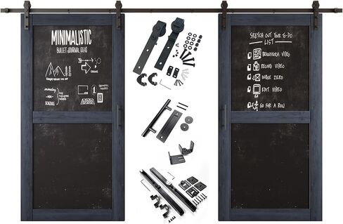 Navy 40 in. x 80 in. Double Sliding Barn Door, 2 Finished Chalkboard Barn Doors with 14ft Non-Bypass Installation Hardware Kit, Solid Wood Frame, Unassembled, Interior Use Only in Kuwait