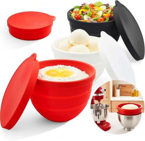 3 Pack Silicone Bowl Liners with Lids for KitchenAid 5QT Tilt Head Mixer, Collapsible Food-Grade Bowl Inserts, Thick Heat/Cold Resistant Silicone Mixing Bowl Liners in Kuwait