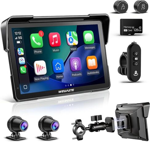 2026 Weuaste 7" Wireless Motorcycle CarPlay with Android Auto/iOS, GPS Navigation, HD Touch Screen, Dual 2K Dash Cam, Bluetooth, IP69K Waterproof, TPMS, G-Sensor, Loop Recording, 128GB SD Card in Saudi Arabia