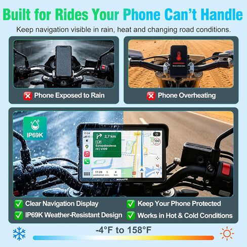2026 Weuaste 7" Wireless Motorcycle CarPlay with Android Auto/iOS, GPS Navigation, HD Touch Screen, Dual 2K Dash Cam, Bluetooth, IP69K Waterproof, TPMS, G-Sensor, Loop Recording, 128GB SD Card in Saudi Arabia
