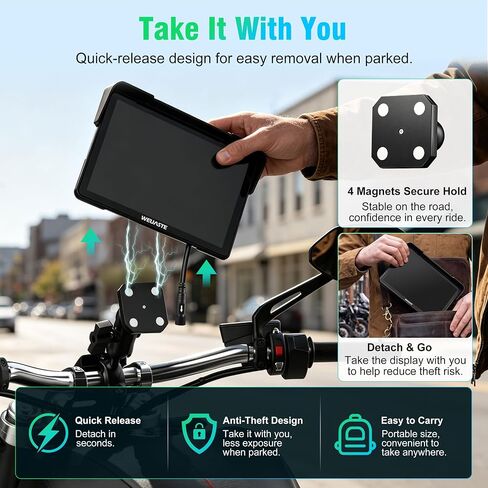2026 Weuaste 7" Wireless Motorcycle CarPlay with Android Auto/iOS, GPS Navigation, HD Touch Screen, Dual 2K Dash Cam, Bluetooth, IP69K Waterproof, TPMS, G-Sensor, Loop Recording, 128GB SD Card in Saudi Arabia