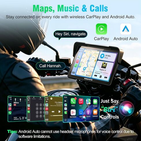 2026 Weuaste 7" Wireless Motorcycle CarPlay with Android Auto/iOS, GPS Navigation, HD Touch Screen, Dual 2K Dash Cam, Bluetooth, IP69K Waterproof, TPMS, G-Sensor, Loop Recording, 128GB SD Card in Saudi Arabia