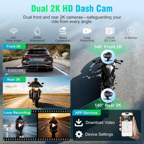 2026 Weuaste 7" Wireless Motorcycle CarPlay with Android Auto/iOS, GPS Navigation, HD Touch Screen, Dual 2K Dash Cam, Bluetooth, IP69K Waterproof, TPMS, G-Sensor, Loop Recording, 128GB SD Card in Saudi Arabia