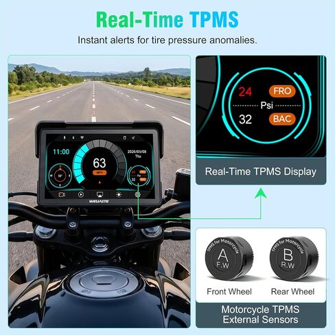 2026 Weuaste 7" Wireless Motorcycle CarPlay with Android Auto/iOS, GPS Navigation, HD Touch Screen, Dual 2K Dash Cam, Bluetooth, IP69K Waterproof, TPMS, G-Sensor, Loop Recording, 128GB SD Card in Saudi Arabia
