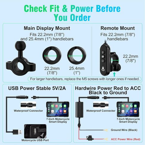 2026 Weuaste 7" Wireless Motorcycle CarPlay with Android Auto/iOS, GPS Navigation, HD Touch Screen, Dual 2K Dash Cam, Bluetooth, IP69K Waterproof, TPMS, G-Sensor, Loop Recording, 128GB SD Card in Saudi Arabia