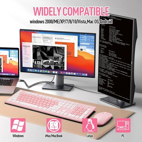 Wireless Silent Keyboard and Mouse Combo, Ultra-Slim Sleek Design Full-Sized Wireless Keyboard and Adjustable DPI Mouse, 2.4GHz USB Receiver for PC, Windows, MAC, Desktop, Laptop (Pink) in Saudi Arabia