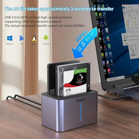 GODO USB 3.0 to SATA I/II/III RGB Dual-Bay Aluminum External Hard Drive Enclosure, Compatible with 2.5-inch SATA HDDs and SSDs, Supports up to 2×8TB Drives in Saudi Arabia
