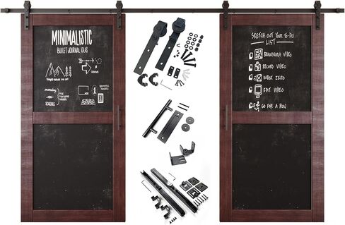 Red Mahogany 36 in. x 80 in. Double Sliding Barn Door, 2 Finished Chalkboard Barn Doors with 13ft Non-Bypass Installation Hardware Kit, Solid Wood Frame, Unassembled, Interior Use Only in Kuwait