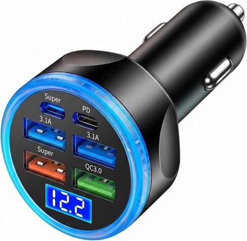 Full PD 30W Multi Port USB C Car Charger Adapter 6 in 1 with Voltage Display, PD4.0/QC4.0/PPS/AFC Super Fast Charging Cigarette Lighter Adapter with Volt Meter for MacBook iPhone Galaxy Android Phones in Saudi Arabia