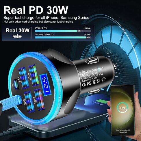 Full PD 30W Multi Port USB C Car Charger Adapter 6 in 1 with Voltage Display, PD4.0/QC4.0/PPS/AFC Super Fast Charging Cigarette Lighter Adapter with Volt Meter for MacBook iPhone Galaxy Android Phones in Saudi Arabia