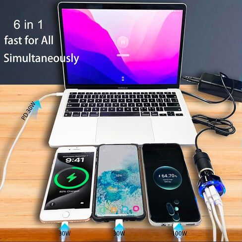 Full PD 30W Multi Port USB C Car Charger Adapter 6 in 1 with Voltage Display, PD4.0/QC4.0/PPS/AFC Super Fast Charging Cigarette Lighter Adapter with Volt Meter for MacBook iPhone Galaxy Android Phones in Saudi Arabia
