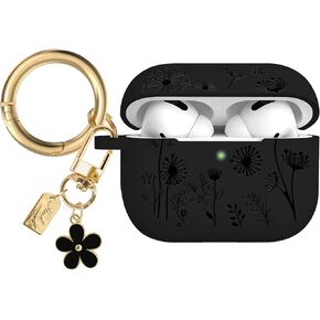 Flower Engraved Case Compatible with AirPods Pro 2 Case Cover 2022, Silicone Case for AirPods Pro 2nd/1st Generation with Cute Flower Keychain and Carabiner for Girls Women，Black in Saudi Arabia