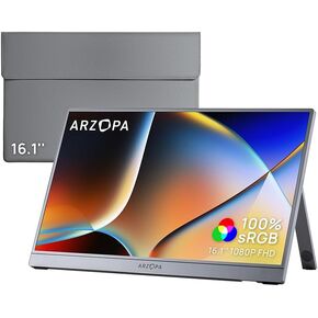 ARZOPA 16.1" Portable Monitor Gray, 100% sRGB FHD 1080P Kickstand & PU Sleeve Bag Combination in Saudi Arabia